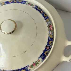 Edwin M Knowles Vitreous Covered Casserole Dish Cream Blue Floral 9” Gold Trim